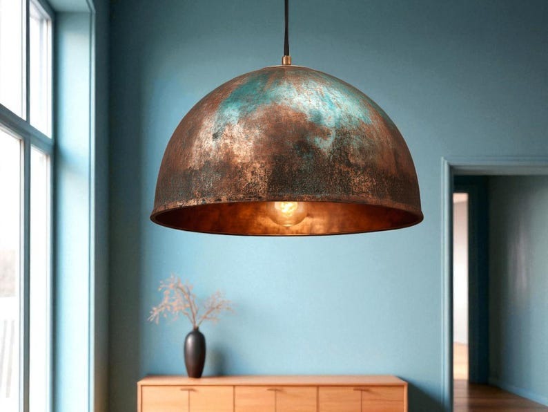 Handmade Moroccan Brass Pendant Light – Aged Copper & Green Patina Hammered Dome Ceiling Lamp, Large Kitchen Island & Dining Room Lighting