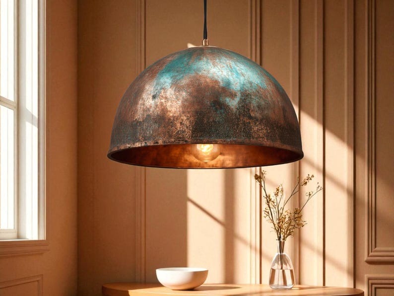Set of 3 Handmade Moroccan Brass Pendant Lights – Aged Copper & Green Patina Hammered Dome Ceiling Lamps, Kitchen Island & Dining Room Lighting