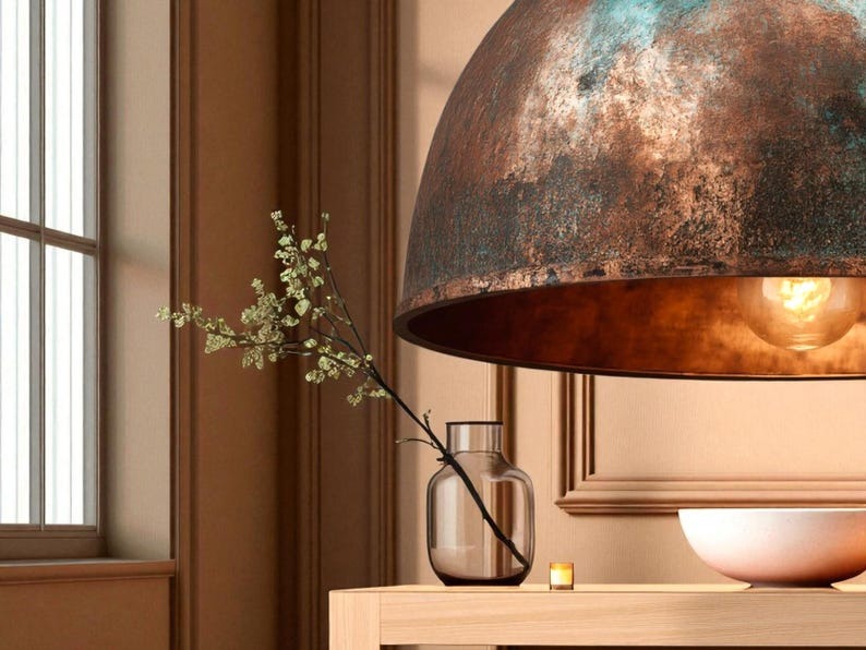 Set of 3 Handmade Moroccan Brass Pendant Lights – Aged Copper & Green Patina Hammered Dome Ceiling Lamps, Kitchen Island & Dining Room Lighting