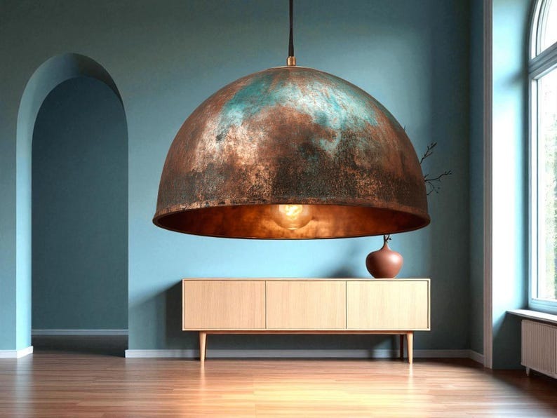 Handmade Moroccan Brass Pendant Light – Aged Copper & Green Patina Hammered Dome Ceiling Lamp, Large Kitchen Island & Dining Room Lighting