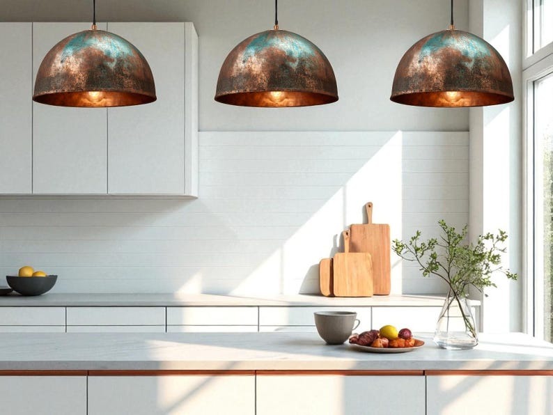 Set of 3 Handmade Moroccan Brass Pendant Lights – Aged Copper & Green Patina Hammered Dome Ceiling Lamps, Kitchen Island & Dining Room Lighting