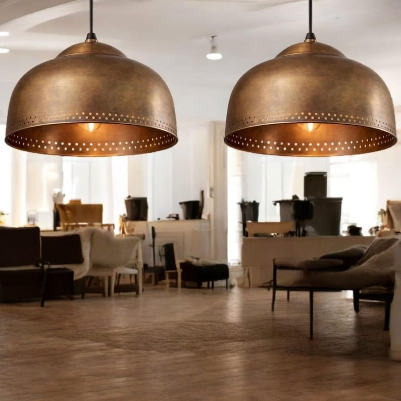 Set of 3 Handmade Moroccan Brass Pendant Lights – Antique Brass Dome Ceiling Lamps with Pierced Dot Detail, Kitchen Island & Dining Room Lighting