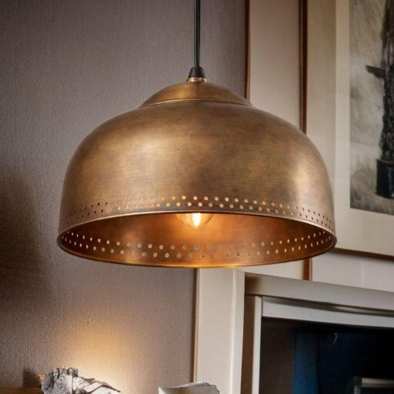 Set of 3 Handmade Moroccan Brass Pendant Lights – Antique Brass Dome Ceiling Lamps with Pierced Dot Detail, Kitchen Island & Dining Room Lighting