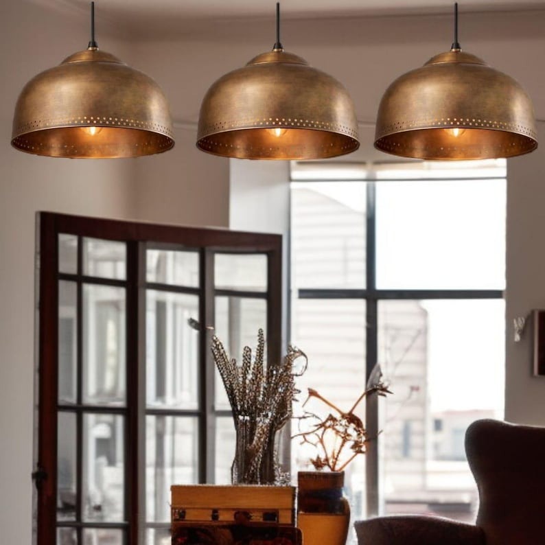 Set of 2 Handmade Moroccan Brass Pendant Lights – Antique Brass Dome Ceiling Lamps with Pierced Dot Detail, Kitchen Island & Dining Room Lighting