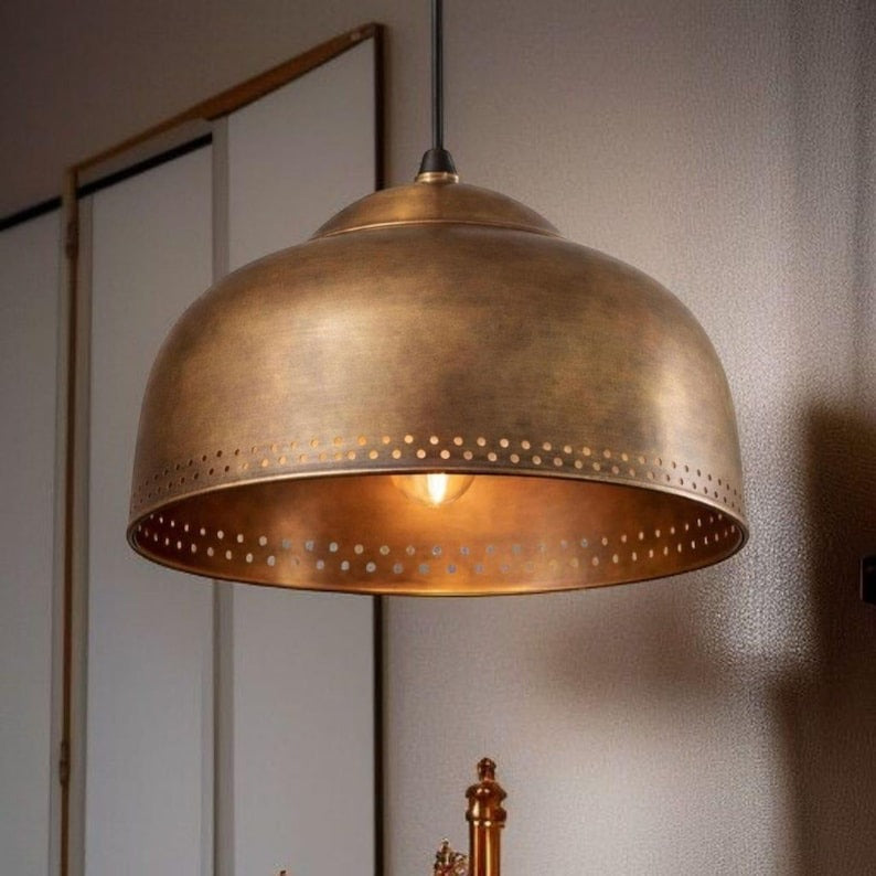 Set of 2 Handmade Moroccan Brass Pendant Lights – Antique Brass Dome Ceiling Lamps with Pierced Dot Detail, Kitchen Island & Dining Room Lighting