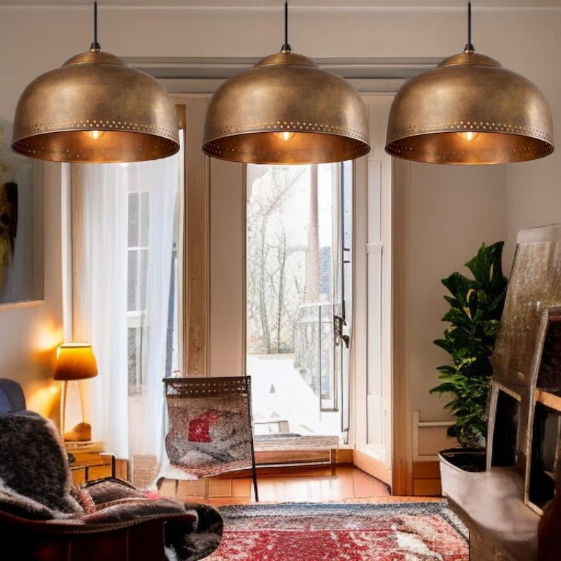 Set of 2 Handmade Moroccan Brass Pendant Lights – Antique Brass Dome Ceiling Lamps with Pierced Dot Detail, Kitchen Island & Dining Room Lighting