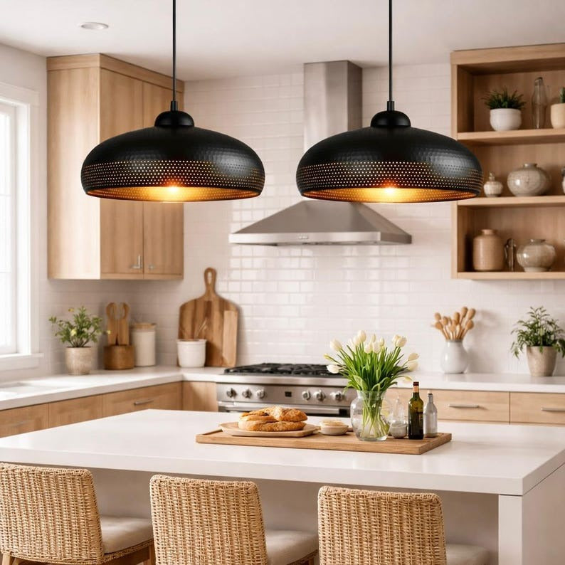 Set of 2 Handmade Moroccan Brass Pendant Lights – Black Hammered Dome Ceiling Lamps with Pierced Dot Design, Kitchen Island & Dining Room Lighting