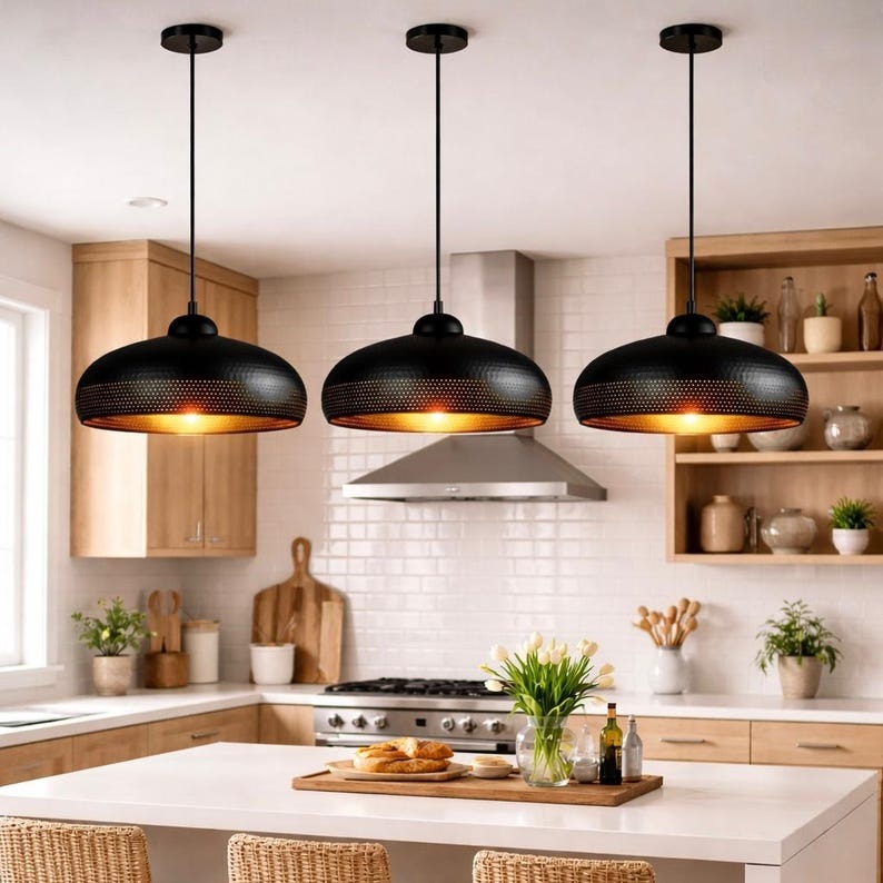 Handmade Moroccan Brass Pendant Light – Black Hammered Dome Ceiling Lamp with Pierced Dot Design, Modern Kitchen Island & Living Room Lighting
