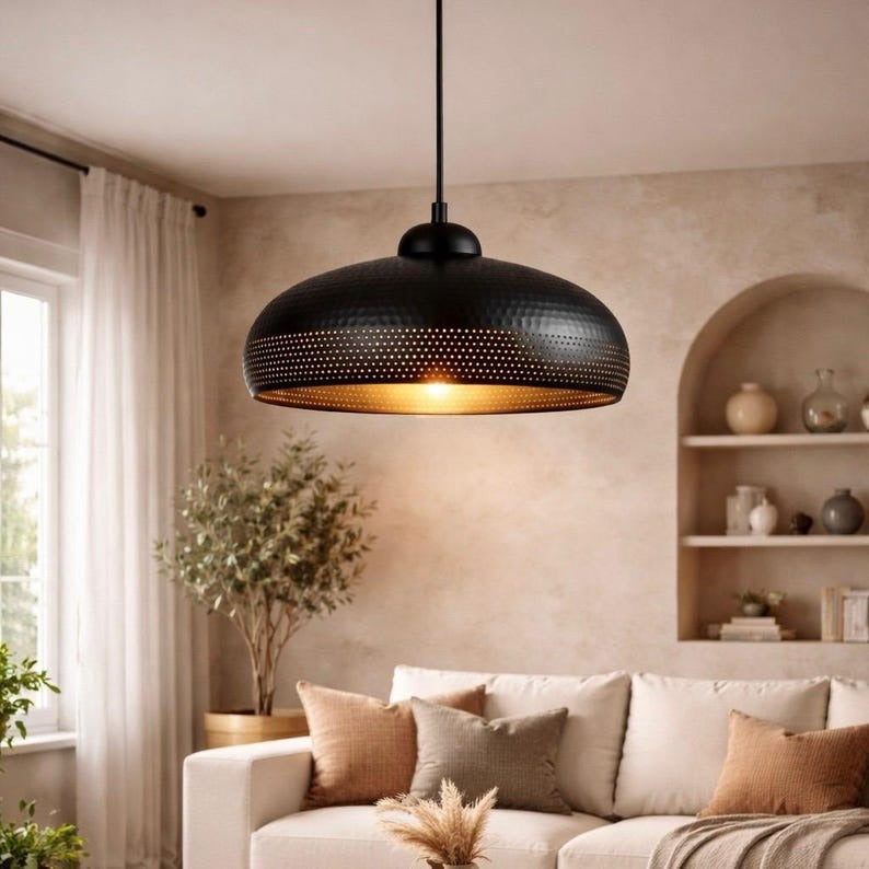 Set of 3 Handmade Moroccan Brass Pendant Lights – Black Hammered Dome Ceiling Lamps with Pierced Dot Design, Kitchen Island & Dining Room Lighting