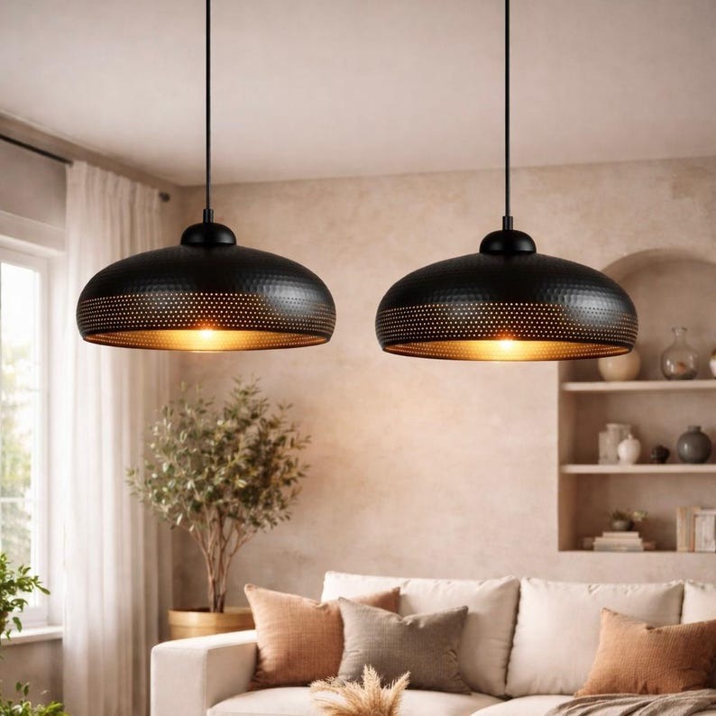 Set of 3 Handmade Moroccan Brass Pendant Lights – Black Hammered Dome Ceiling Lamps with Pierced Dot Design, Kitchen Island & Dining Room Lighting