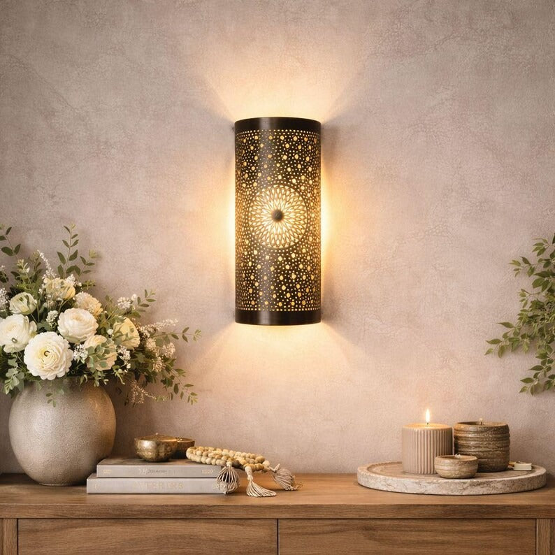 Set of 2 Handmade Moroccan Brass Wall Sconces – Black Pierced Cylinder Wall Lights with Mandala Star Design, Living Room & Bedroom Lighting