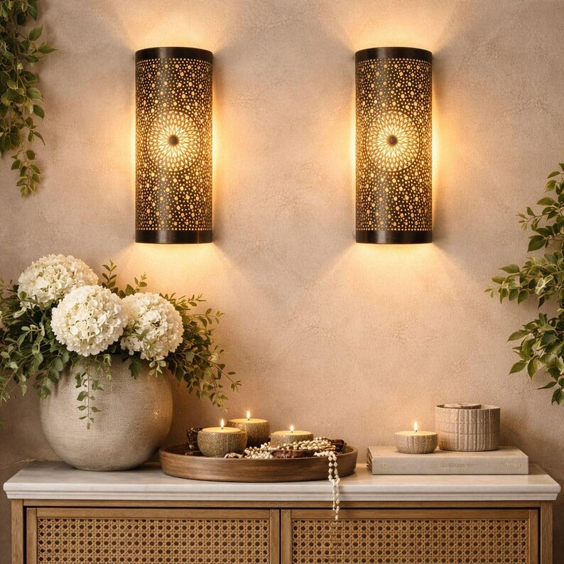 Handmade Moroccan Brass Wall Sconce – Black Pierced Cylinder Wall Light with Mandala Star Design, Ambient Living Room & Bedroom Lighting