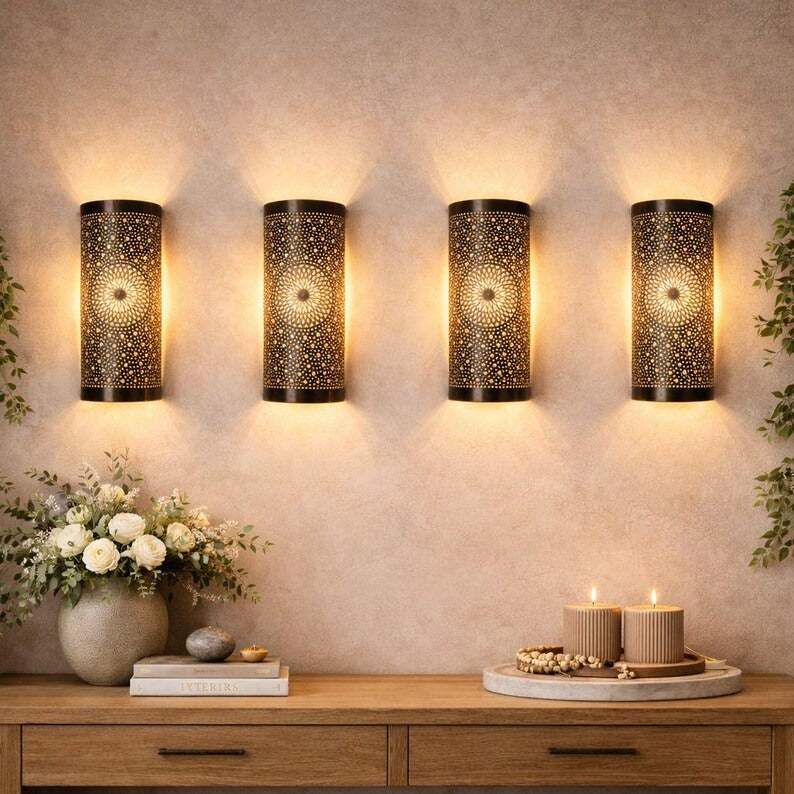 Handmade Moroccan Brass Wall Sconce – Black Pierced Cylinder Wall Light with Mandala Star Design, Ambient Living Room & Bedroom Lighting