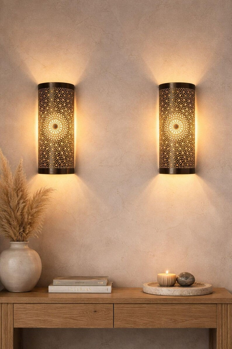 Handmade Moroccan Brass Wall Sconce – Black Pierced Cylinder Wall Light with Mandala Star Design, Ambient Living Room & Bedroom Lighting