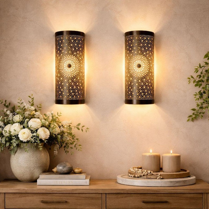 Handmade Moroccan Brass Wall Sconce – Black Pierced Cylinder Wall Light with Mandala Star Design, Ambient Living Room & Bedroom Lighting