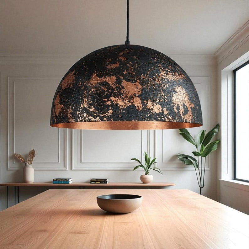 Set of 3 Handmade Moroccan Brass Pendant Lights – Black & Copper Distressed Dome Ceiling Lamps, Hammered Kitchen Island & Dining Room Statement Lighting