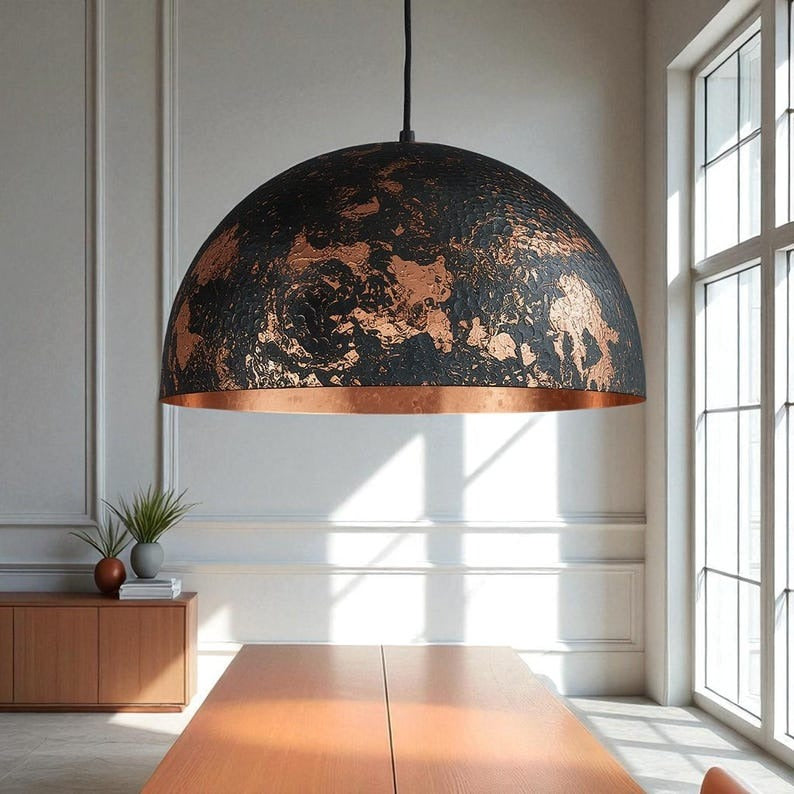 Handmade Moroccan Brass Pendant Light – Black & Copper Distressed Dome Ceiling Lamp, Hammered Kitchen Island & Dining Room Statement Lighting