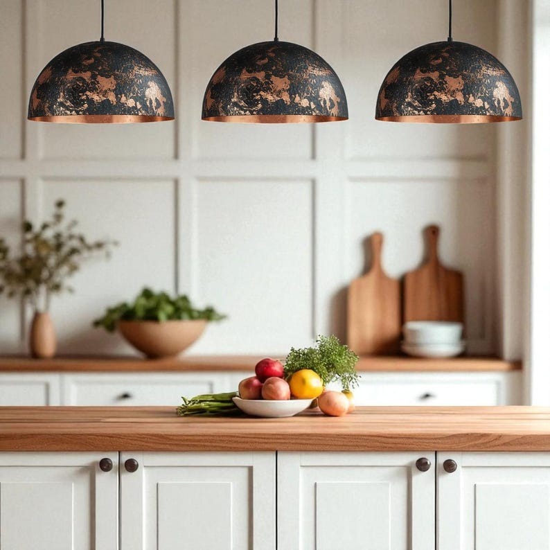 Set of 3 Handmade Moroccan Brass Pendant Lights – Black & Copper Distressed Dome Ceiling Lamps, Hammered Kitchen Island & Dining Room Statement Lighting
