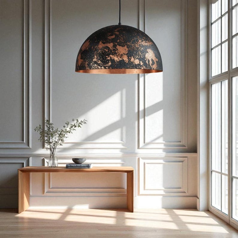 Handmade Moroccan Brass Pendant Light – Black & Copper Distressed Dome Ceiling Lamp, Hammered Kitchen Island & Dining Room Statement Lighting