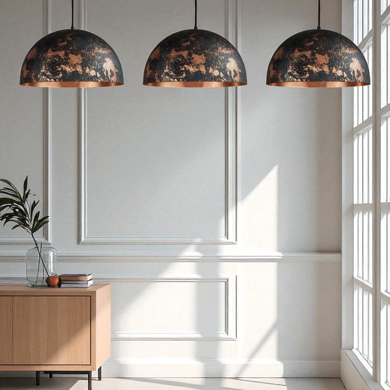 Set of 3 Handmade Moroccan Brass Pendant Lights – Black & Copper Distressed Dome Ceiling Lamps, Hammered Kitchen Island & Dining Room Statement Lighting