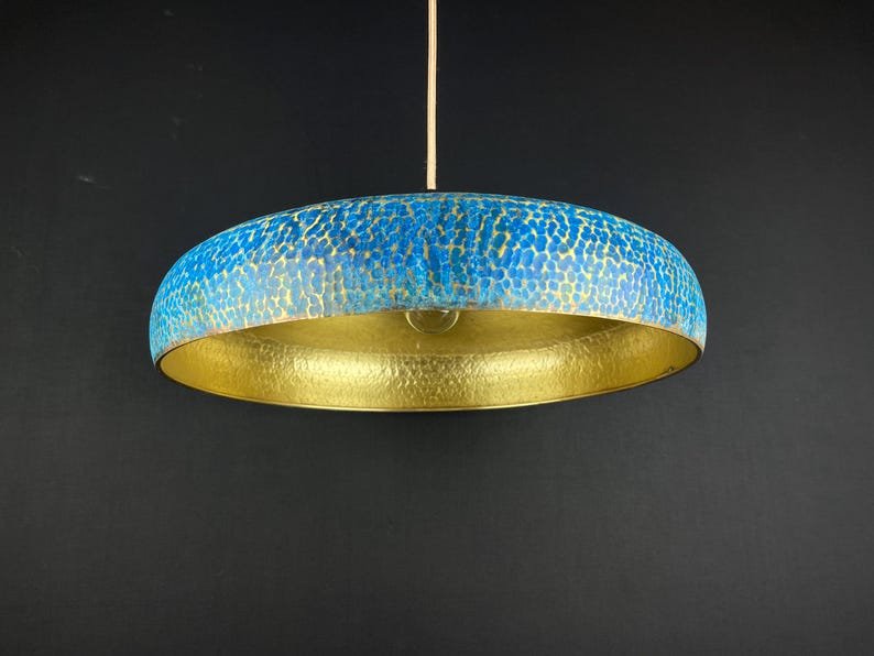 Blue Patina Brass Pendant Light, Handmade Hammered Disk Ceiling Lamp, Moroccan Kitchen Island Chandelier with Gold Interior