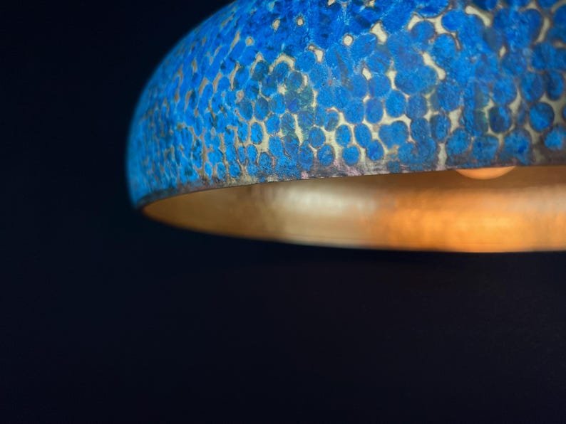 Blue Patina Brass Pendant Light, Handmade Hammered Disk Ceiling Lamp, Moroccan Kitchen Island Chandelier with Gold Interior