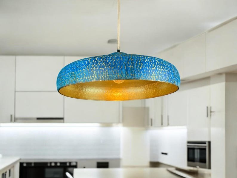 Blue Patina Brass Pendant Light, Handmade Hammered Disk Ceiling Lamp, Moroccan Kitchen Island Chandelier with Gold Interior