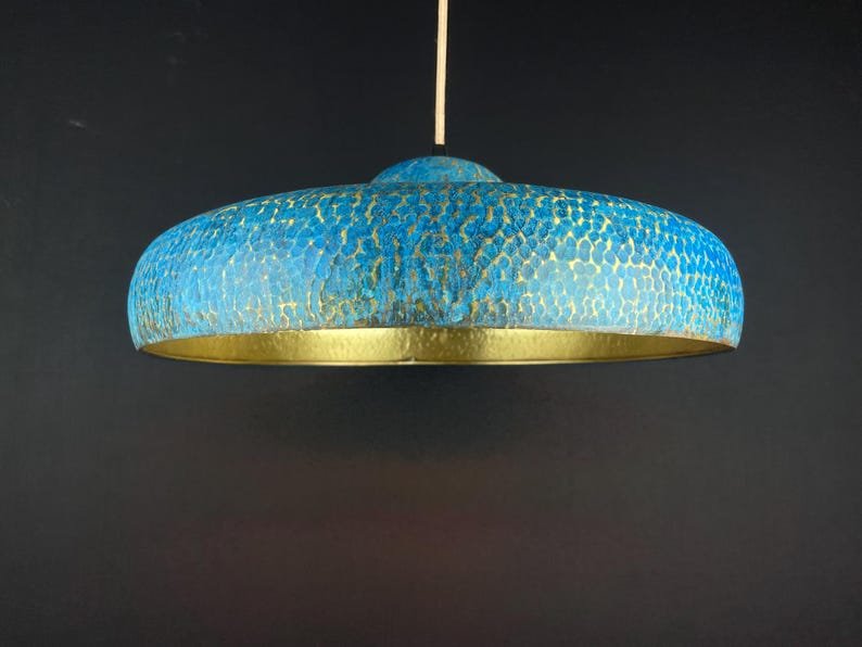 Blue Patina Brass Pendant Light, Handmade Hammered Disk Ceiling Lamp, Moroccan Kitchen Island Chandelier with Gold Interior