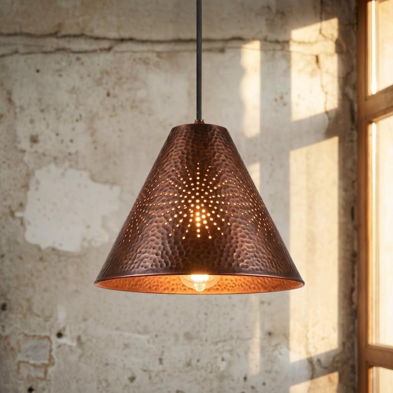 Handmade Moroccan Brass Pendant Light – Hammered Copper Finish Cone Ceiling Lamp with Pierced Starburst Design, Rustic Kitchen Island Lighting