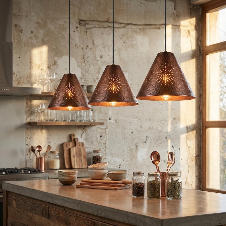 Handmade Moroccan Brass Pendant Light – Hammered Copper Finish Cone Ceiling Lamp with Pierced Starburst Design, Rustic Kitchen Island Lighting