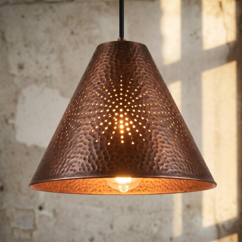 Set of 3 Handmade Moroccan Brass Pendant Lights – Hammered Dark Copper Cone Ceiling Lamps with Pierced Starburst Design, Kitchen Island Lighting