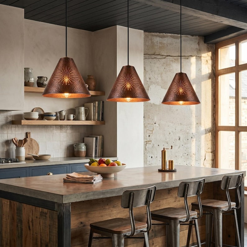 Set of 3 Handmade Moroccan Brass Pendant Lights – Hammered Dark Copper Cone Ceiling Lamps with Pierced Starburst Design, Kitchen Island Lighting