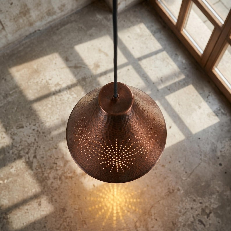 Handmade Moroccan Brass Pendant Light – Hammered Copper Finish Cone Ceiling Lamp with Pierced Starburst Design, Rustic Kitchen Island Lighting
