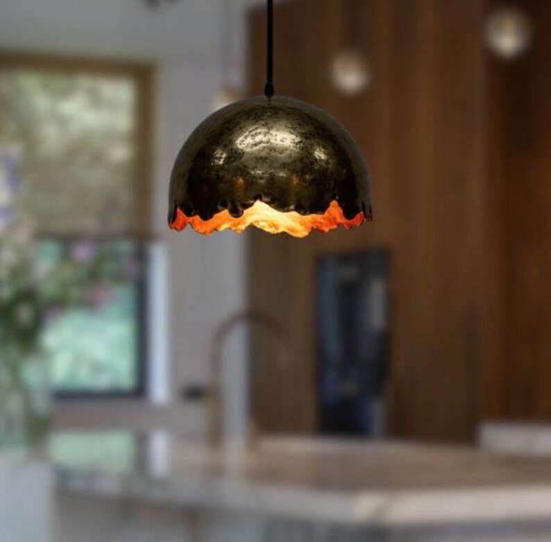 Dark Antique Brass Wavy Edge Pendant Light, Handmade Moroccan Scalloped Dome Chandelier, Rustic Blackened Brass Kitchen Island Hanging Lamp, Boho Farmhouse Ceiling Light Fixture