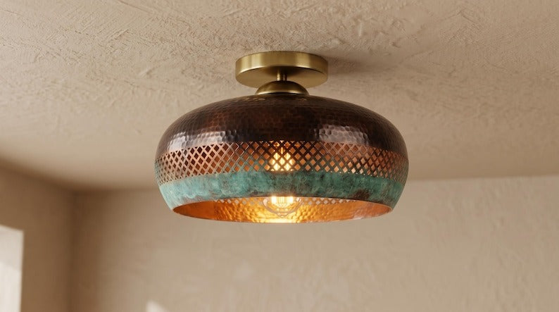 Handmade Moroccan Brass Semi-Flush Mount Ceiling Light – Hammered Copper Dome with Green Verdigris and Pierced Lattice Design