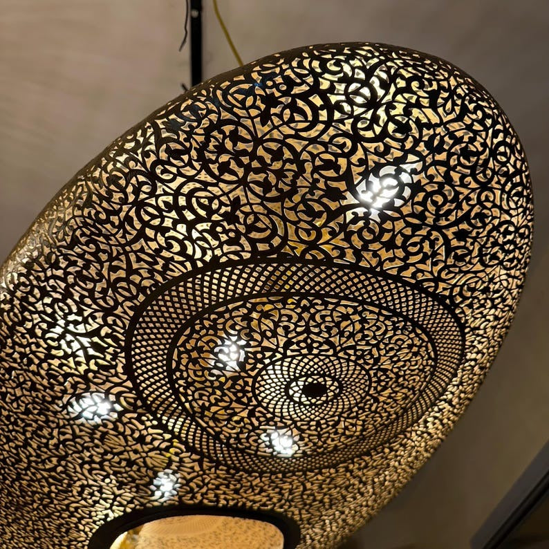 Large Moroccan Pierced Brass Oval Pendant Light, Handmade Moorish Filigree Chandelier, Boho Arabic Shadow Lamp, Luxury Gold Ceiling Light Fixture