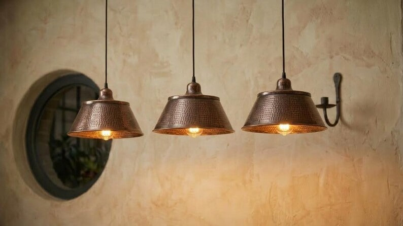 Set of 3 Handmade Moroccan Brass Pendant Lights – Hammered Dark Copper Wide Cone Ceiling Lamps, Rustic Kitchen Island & Dining Room Lighting