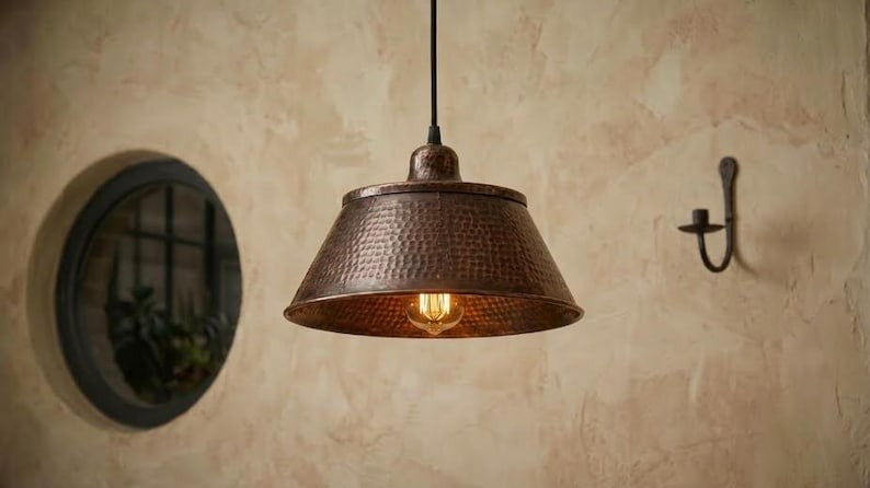 Set of 3 Handmade Moroccan Brass Pendant Lights – Hammered Dark Copper Wide Cone Ceiling Lamps, Rustic Kitchen Island & Dining Room Lighting