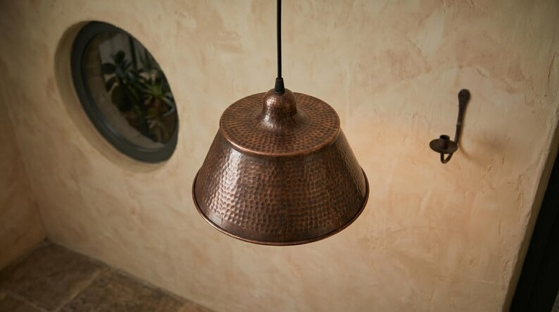 Set of 3 Handmade Moroccan Brass Pendant Lights – Hammered Dark Copper Wide Cone Ceiling Lamps, Rustic Kitchen Island & Dining Room Lighting