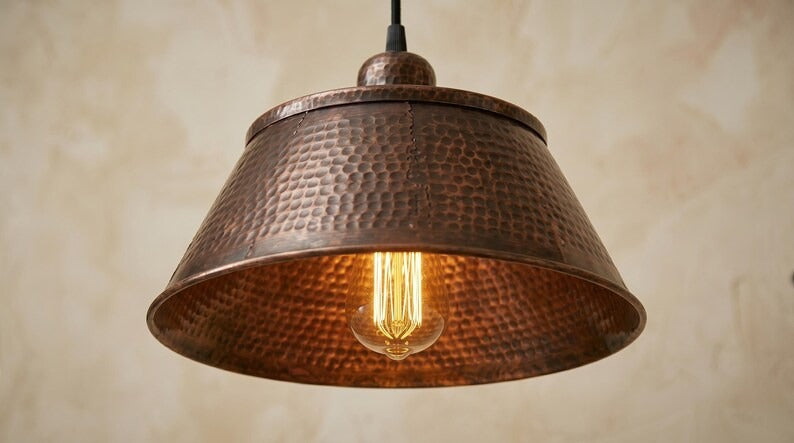 Set of 3 Handmade Moroccan Brass Pendant Lights – Hammered Dark Copper Wide Cone Ceiling Lamps, Rustic Kitchen Island & Dining Room Lighting