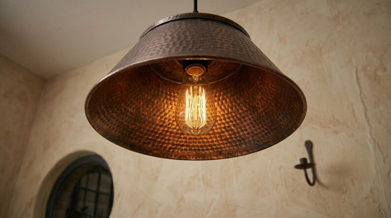 Handmade Moroccan Brass Pendant Light – Hammered Dark Copper Wide Cone Ceiling Lamp, Rustic Kitchen Island & Dining Room Lighting