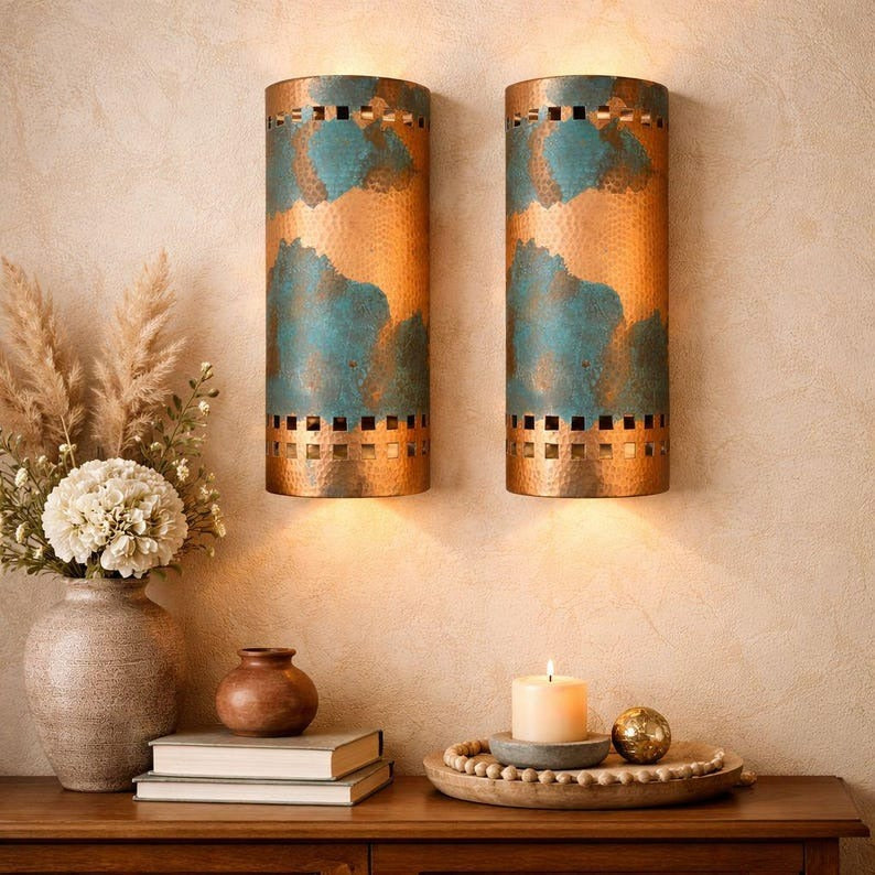 Set of 2 Handmade Moroccan Brass Wall Sconces – Copper & Turquoise Patina Cylinder Wall Lights, Pierced Metal Lamps for Living Room & Bedroom