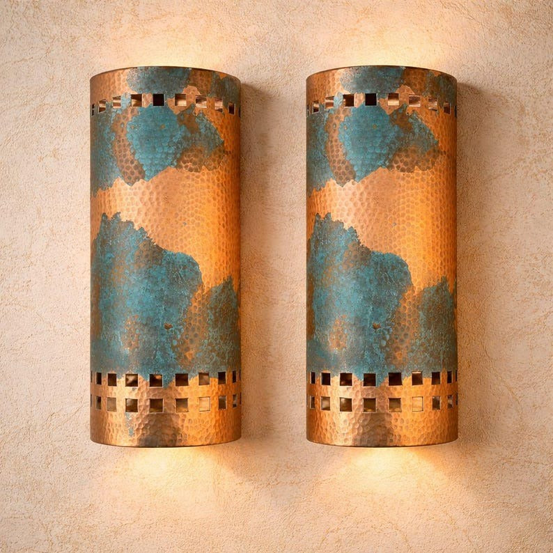 Set of 2 Handmade Moroccan Brass Wall Sconces – Copper & Turquoise Patina Cylinder Wall Lights, Pierced Metal Lamps for Living Room & Bedroom