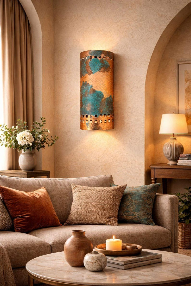 Handmade Moroccan Brass Wall Sconce – Copper & Turquoise Patina Cylinder Wall Light, Pierced Metal Accent Lamp for Living Room, Hallway & Bedroom