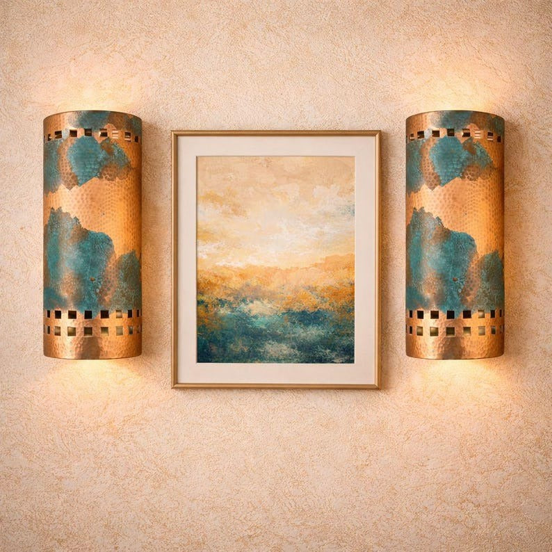 Set of 2 Handmade Moroccan Brass Wall Sconces – Copper & Turquoise Patina Cylinder Wall Lights, Pierced Metal Lamps for Living Room & Bedroom