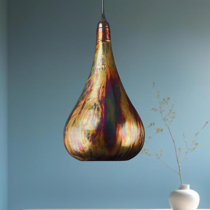 Set of 3 Handmade Moroccan Brass Pendant Lights – Multicolor Patina Teardrop Ceiling Lamps, Artisan Kitchen Island & Dining Room Lighting