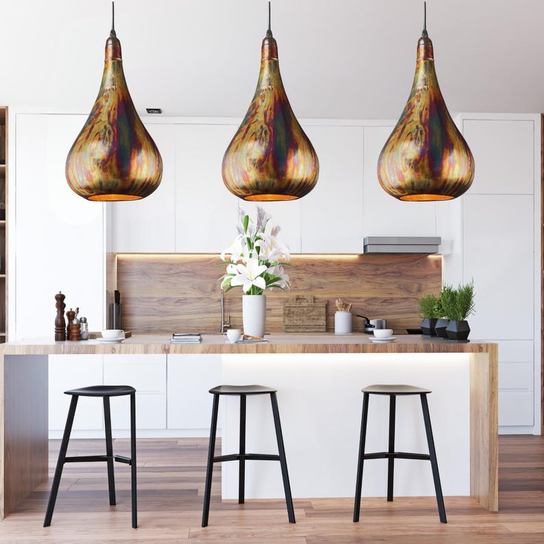 Set of 3 Handmade Moroccan Brass Pendant Lights – Multicolor Patina Teardrop Ceiling Lamps, Artisan Kitchen Island & Dining Room Lighting