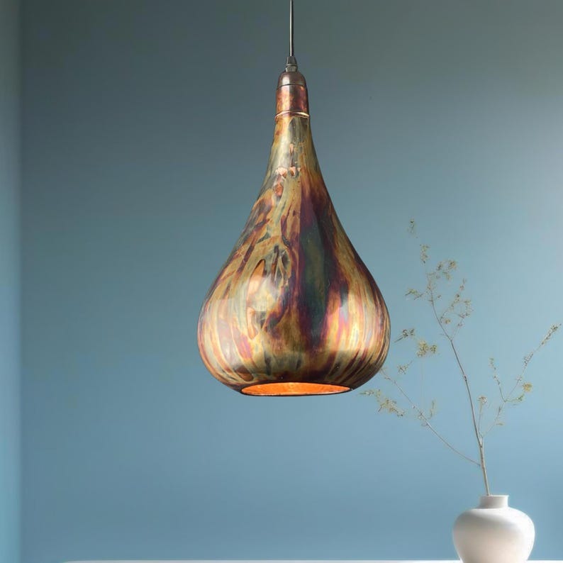Set of 3 Handmade Moroccan Brass Pendant Lights – Multicolor Patina Teardrop Ceiling Lamps, Artisan Kitchen Island & Dining Room Lighting