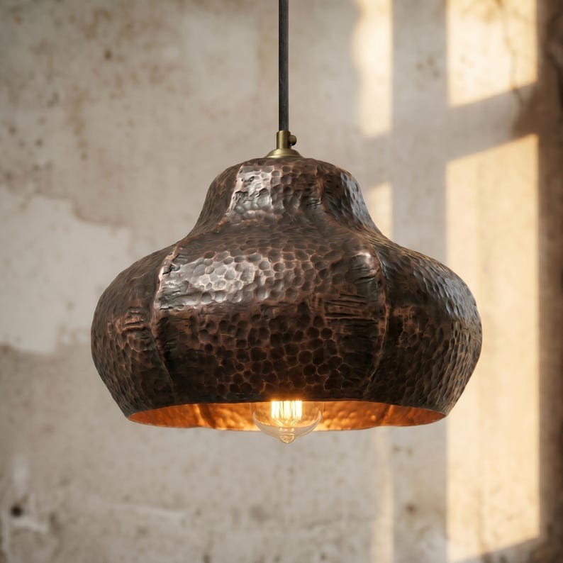 Set of 3 Handmade Moroccan Brass Pendant Lights – Hammered Dark Copper Finish Sculptural Dome Ceiling Lamps, Kitchen Island & Dining Room Lighting