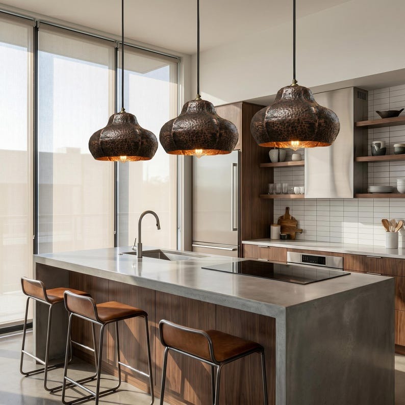 Set of 3 Handmade Moroccan Brass Pendant Lights – Hammered Dark Copper Finish Sculptural Dome Ceiling Lamps, Kitchen Island & Dining Room Lighting